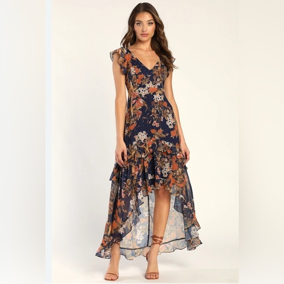 Lulus Dresses & Skirts - Lulu's Stunning Favorite Navy Blue Floral Ruffled High-Low Maxi Dress.NWT Size S